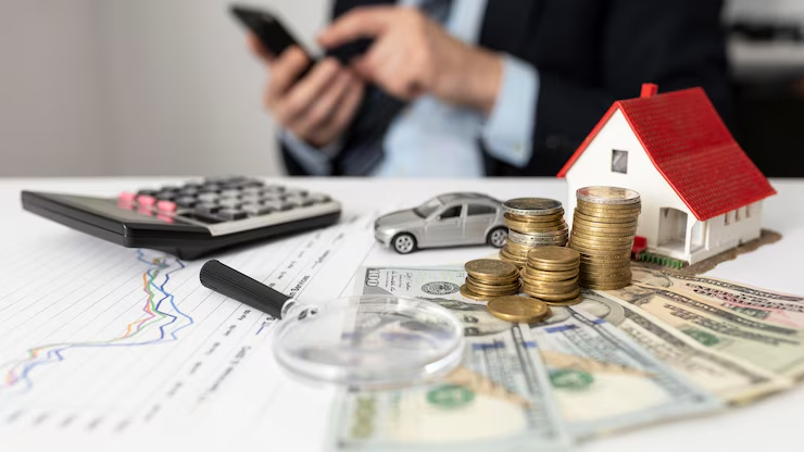 "Financial planning concept with miniature house and car, stacks of coins, US dollar bills, a calculator, magnifying glass, and a person using a smartphone in the background."