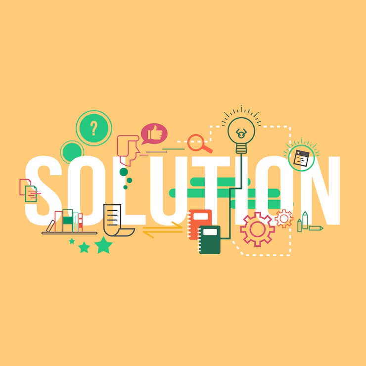 the word 'SOLUTION' surrounded by icons such as light bulbs, gears, books, charts, checklists, and communication symbols, representing problem-solving and creative thinking."