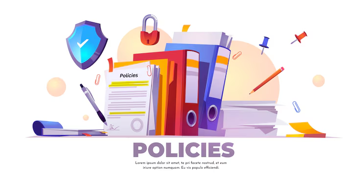 "Illustration of documents and folders labeled 'Policies' with pens, paper clips, a shield icon, and a padlock, symbolizing official regulations, data security, and office documentation."