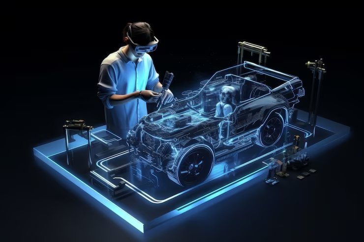 "Futuristic concept of a person wearing augmented reality (AR) or virtual reality (VR) goggles interacting with a holographic 3D model of a car, showcasing vehicle design, diagnostics, or simulation technology."
