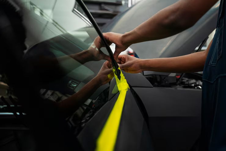 "Close-up of a person's hands applying yellow masking tape to the edge of a car windshield, preparing the vehicle for repair or painting."