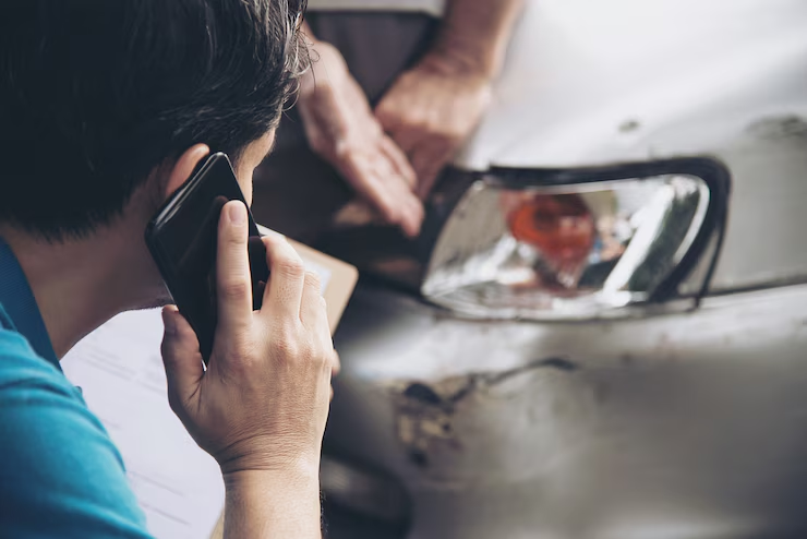 "Man talking on the phone while inspecting damage to the front bumper of a car, possibly reporting an accident or discussing an insurance claim, with another person pointing at the dent."