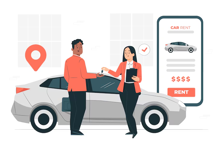 "Illustration of a woman handing car keys to a man next to a parked vehicle, with a mobile app interface showing car rental details, pricing, and a rent button."