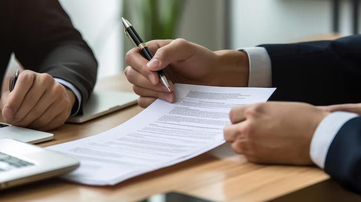 "Close-up of two people in business attire reviewing and discussing a legal or financial document at a wooden desk, with a pen and laptop visible."