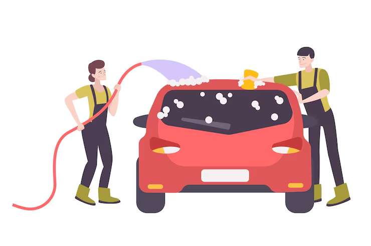"Illustration of two people washing a red car—one spraying water with a hose and the other scrubbing the rear window with a sponge, both wearing overalls and boots."