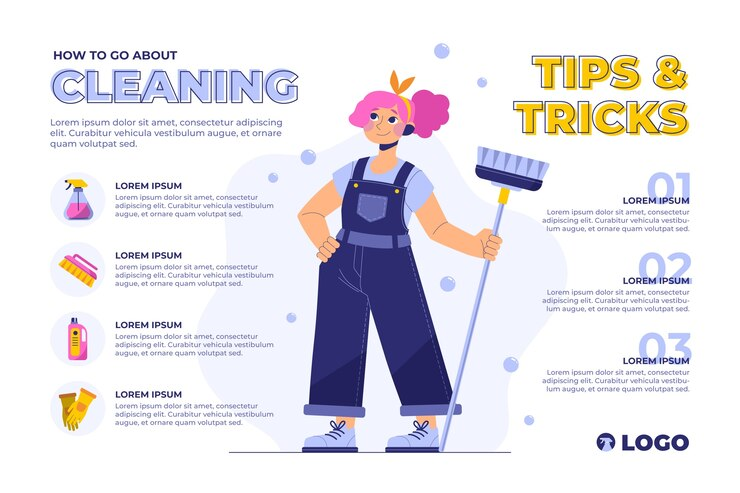 Illustration infographic titled 'How to Go About Cleaning – Tips & Tricks' featuring a woman in overalls holding a mop, surrounded by icons for cleaning supplies, gloves, and step-by-step text instructions."